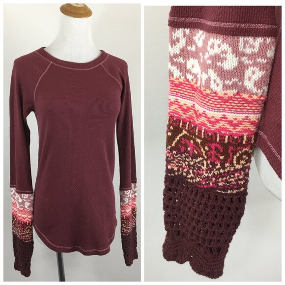 FREE PEOPLE Maroon Multi Color Knit Sleeve Insert Rounded Hem Textured Shirt - Picture 1 of 9